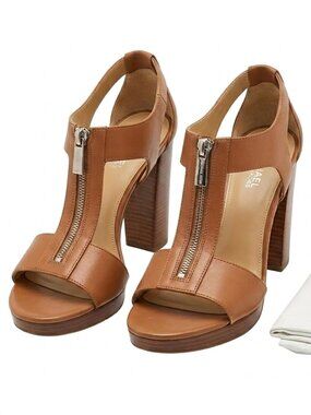 Michael Kors Brown Leather Front Zip Platform Sandals Heels Size 9.5